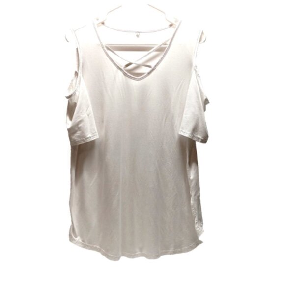 White Ladies Open Shoulder Cold Shoulder T-Shirt Size Large - Picture 1 of 6